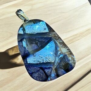 Blue and Silver Fused Glass Abstract Pendant